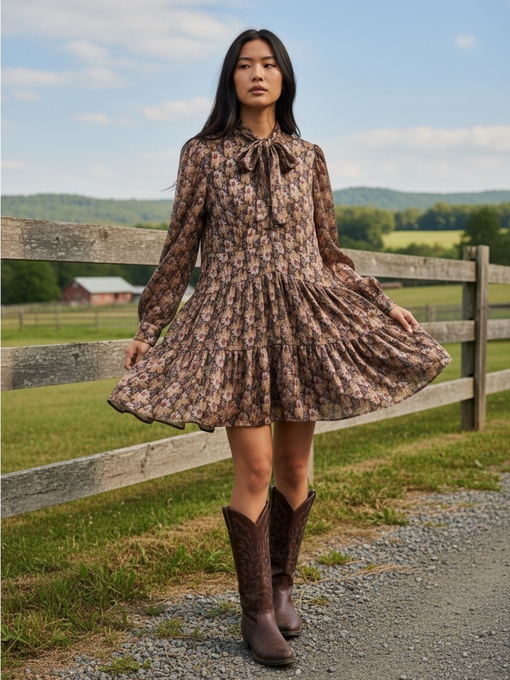 Floral Tie-Neck Tiered Mini Dress in Brown